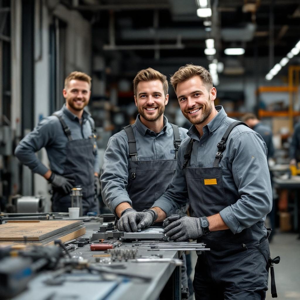 Das Butschbach Team bei der Arbeit, moderne Ausrüstung, professionelle Handwerkskleidung, authentische Arbeitsumgebung, freundliche Ausstrahlung